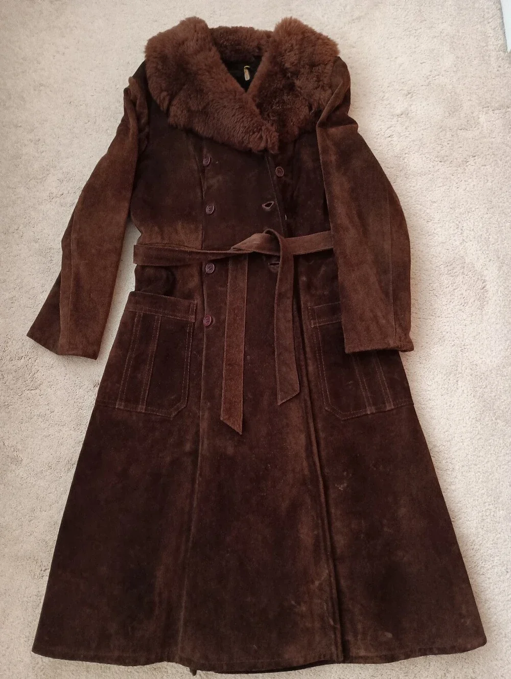 Women's Brown Suede Long Coat with Faux Fur Collar